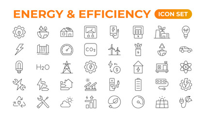 Set of Energy & Ecology line icons set. outline with editable stroke collection. Includes Eco Home, Nuclear Energy, Power Plant, Solar Energy.Simple set about energy efficiency and saving.