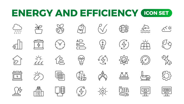 Set of Energy & Ecology line icons set. outline with editable stroke collection. Includes Eco Home, Nuclear Energy, Power Plant, Solar Energy.Simple set about energy efficiency and saving.