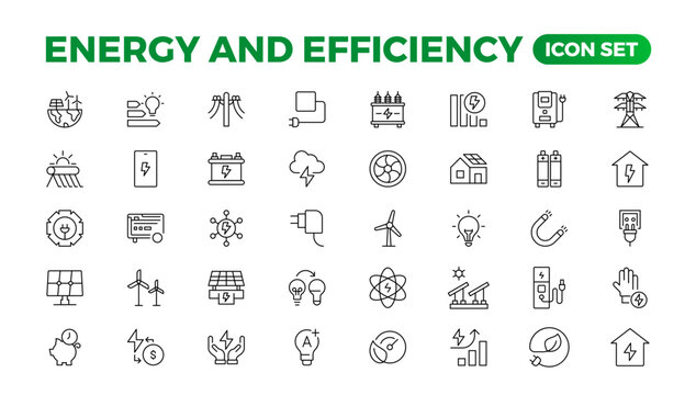 Set of Energy & Ecology line icons set. outline with editable stroke collection. Includes Eco Home, Nuclear Energy, Power Plant, Solar Energy.Simple set about energy efficiency and saving.