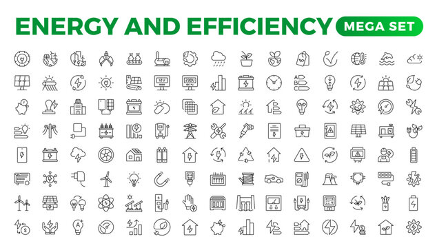 Set of Energy & Ecology line icons set. outline with editable stroke collection. Includes Eco Home, Nuclear Energy, Power Plant, Solar Energy.Simple set about energy efficiency and saving.