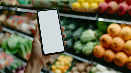 A hand holds a smartphone with a blank screen in front of colorful, fresh produce on the shelves of a grocery store, hinting at shopping list or food apps