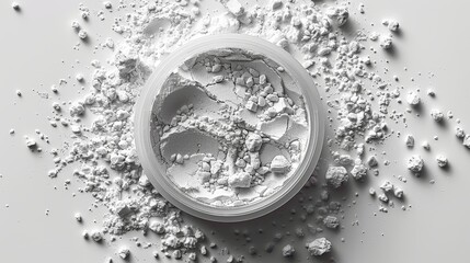 In the top view, a petri dish with calcium carbonate powder is seen on a white background