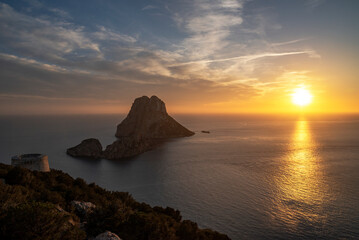 Es Vedra and Es Vendrell islets view Torres des Savinar tower at sunset, Sant Josep de Sa Talaia, Ibiza, Balearic Islands, Spain