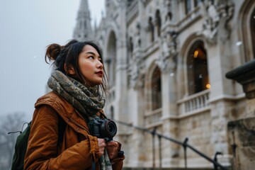 Fototapeta premium appy Asian woman using mobile smart phone outdoor woman using a mobile phone takes a self video selfie with attractive smile Influencer women vlogging