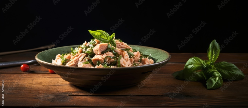 Canvas Prints A bowl of tuna salad with basil and tomatoes on a wooden table