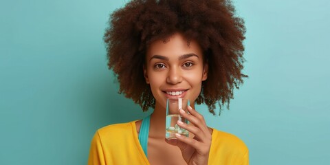 image millennial mixed race girl holding pill and glass of fresh water, taking medicine on teal color background