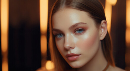 Close up portrait of beautiful young woman in 20s with glowy skin and perfect makeup for night out, with blurry bokeh lights in the background