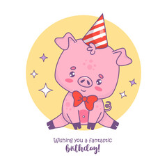Cute little pig wearing bowtie and birthday cap. Vector illustration. Festive happy birthday card with funny cartoon kawaii animal 