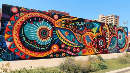 Urban mural celebrates indigenous histories with vibrant, detailed artwork. Indigenous Peoples Day, August 9