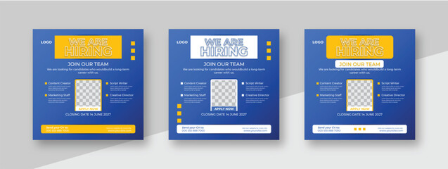 We are hiring job vacancy social media post banner design template. We are hiring job vacancy square web banner design.