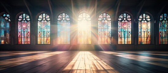 A room featuring beautiful stained glass windows and a wooden floor