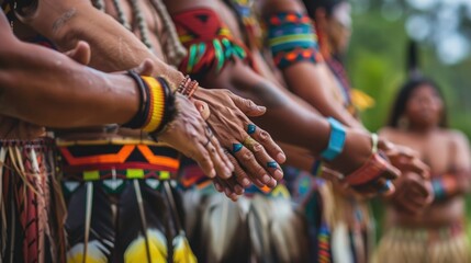 Fototapeta na wymiar Indigenous tribes in traditional dress, joining hands in unity on their International Day. Indigenous Peoples Day, August 9