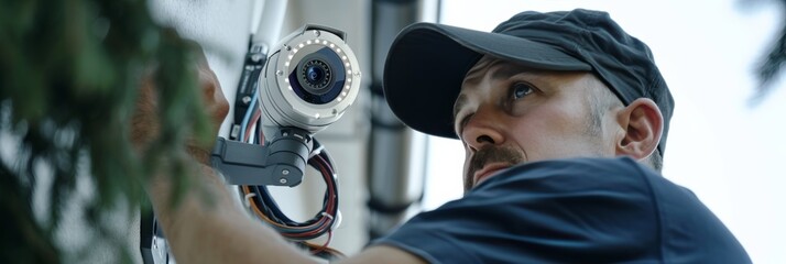 Skilled technician fixing surveillance camera for optimal performance