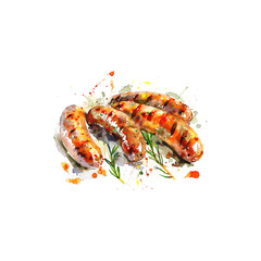 Juicy Watercolor Sausages with Seasonings. Vector illustration design.