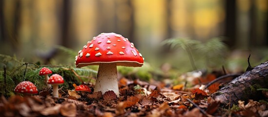 Mushrooms amidst forest foliage on moss-covered ground - obrazy, fototapety, plakaty