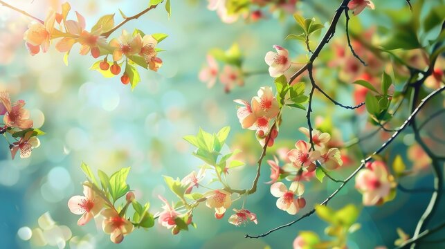 Picture of blossoming spring with beautiful flowers and leaves