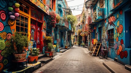 A narrow street adorned with colorful buildings painted in delightful hues, creating a charming and artistic scene
