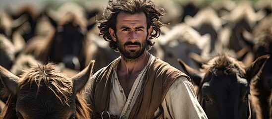 Man with thick facial hair faces horses