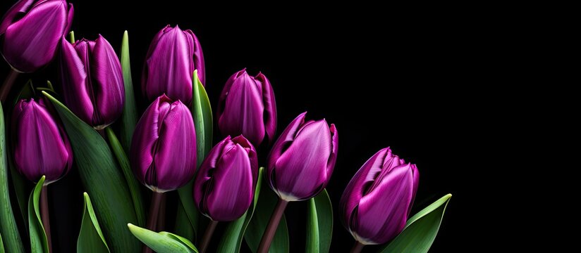 Purple tulips in vase on black background