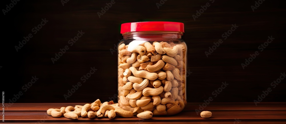 Wall mural Jar of almonds on a wooden surface