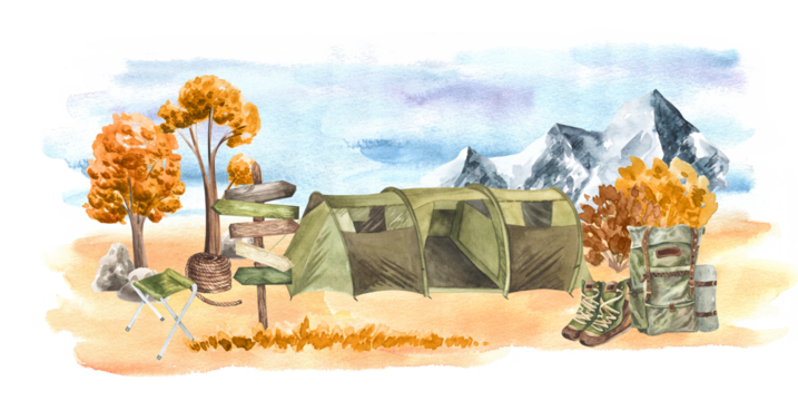 Watercolor camping hand drawn, isolated, backpack, hiking boots, mountain silhouette, element sketch, drawing graphic, camping, autumn trees. For design, brochures, books, flyers