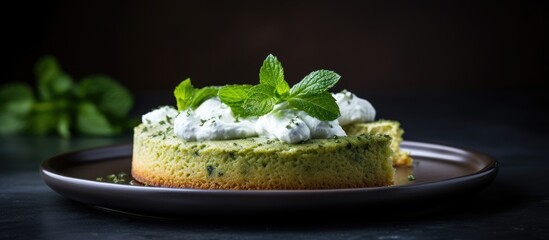 Small cake with green topping on plate