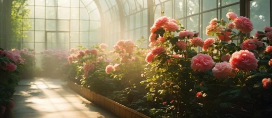 Poster Pink flowers bloom under sunny greenhouse © Ilgun