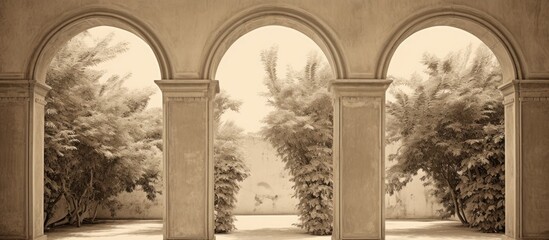 Three arches surrounded by greenery