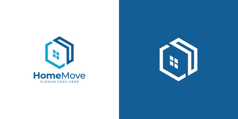 Simple Home Move Logo. Real Estate Logo. Home, House and Arrow with Minimalist, Modern Style. Home Moving Logo Icon Symbol Vector Design Inspiration.