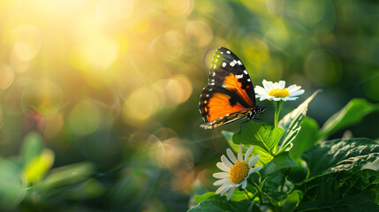 Closeup of orange and black butterfly with white flower