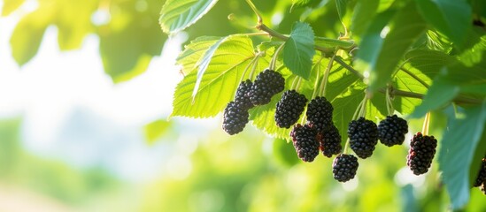 Blackberries hanging on tree branch