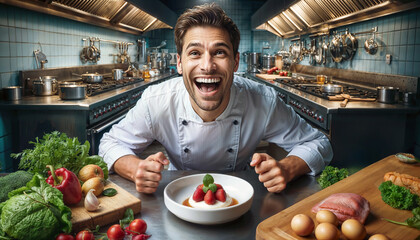 Fototapeta premium Happy emotional chef cooking on cuisine in restaurant. profession concept