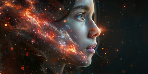 Close-up portrait of a beautiful young woman with a glowing galaxy.