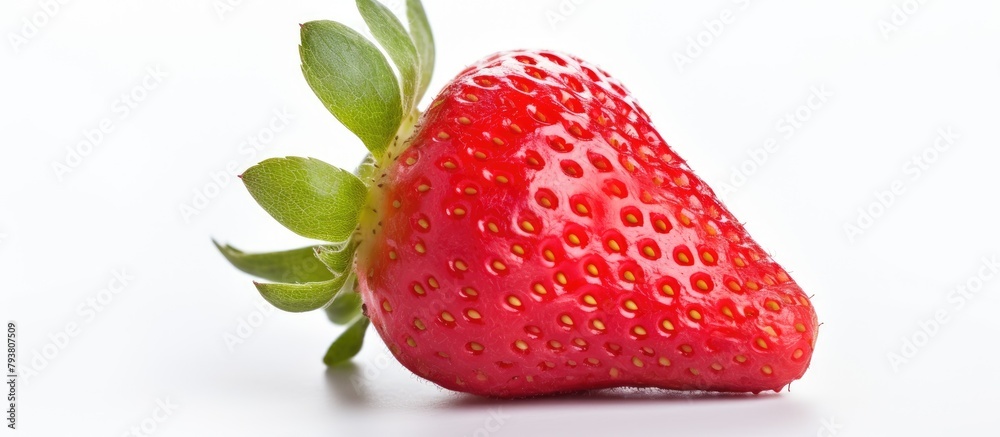 Poster Close-up of a strawberry with a leaf on a white surface