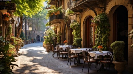 Tables and chairs arranged along a peaceful cobblestone street