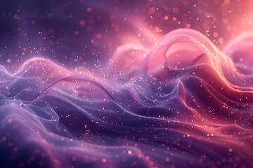 Abstract purple waves with sparkling particles and light effects. Digital art concept of cosmic energy and fluid motion. Design for music album cover, futuristic background, or meditation visual - obrazy, fototapety, plakaty
