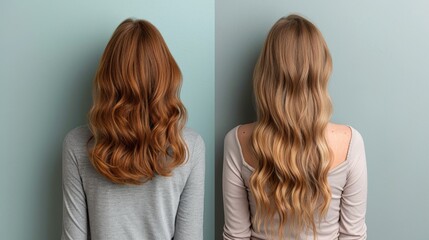 An image of a woman divided into two halves before and after hair treatment, with the back view in grey