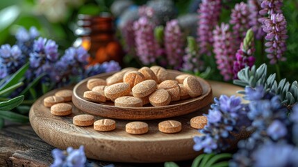 The composition of pills, herbs, and flowers on the wooden table is very close. Dietary supplements on the wooden table.