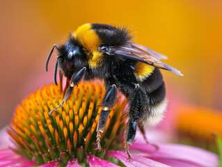 Closeup photo of a bumblebee on a vibrant flower, showcasing intricate details and natural beauty.