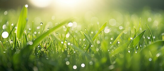 Lush grass field glistening with tiny raindrops - obrazy, fototapety, plakaty