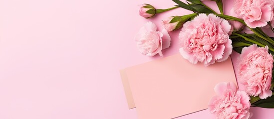 Pink carnations and a blank card on a pink background