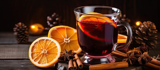 Glass of spiced tea with citrus and cinnamon