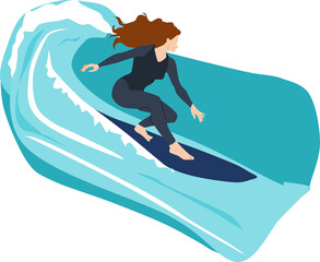 サーフィンをする女性のイラスト