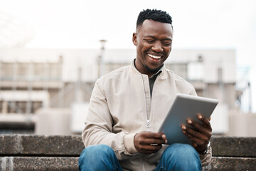 African man, tablet and stairs in city with reading, laughing and happy for comic meme on social...