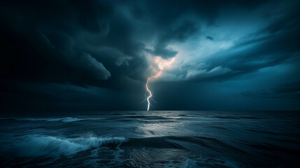 A dramatic landscape of lightning illuminating the dark sky over the vast ocean, creating a stunning natural spectacle. - obrazy, fototapety, plakaty