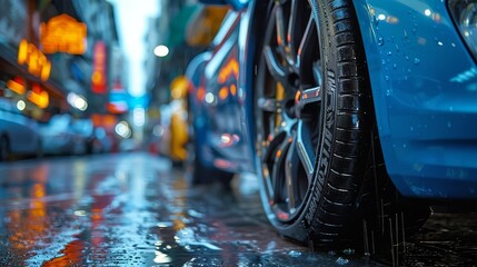 Fototapeta premium Car on the road, wet, after rain, low side view