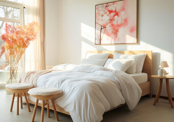 Bright Bedroom with Floral Accents, Wooden Stool, Pouf, and Posters - Natural Light Decor Inspiration