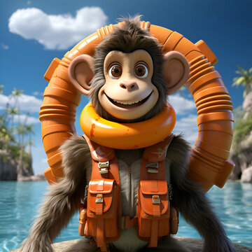 3D illustration of a monkey with lifebuoy and orange life jacket