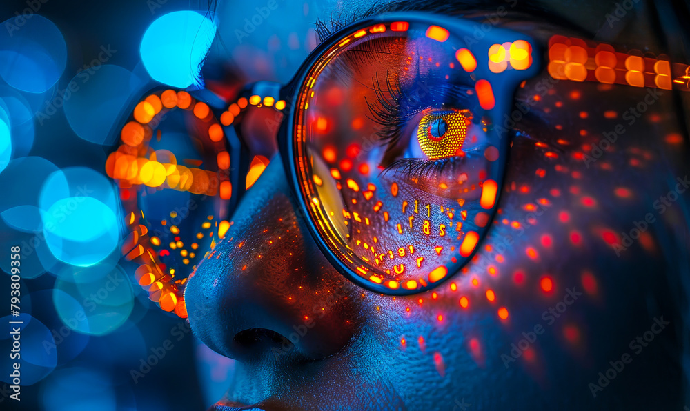 Poster focused millennial male developer analyzing big data displayed on eyeglasses - computer programmer, 