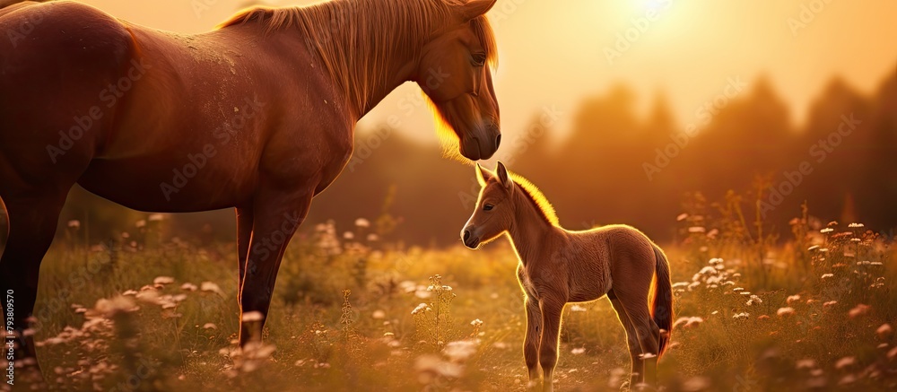 Canvas Prints Horse and Young Pony in Field